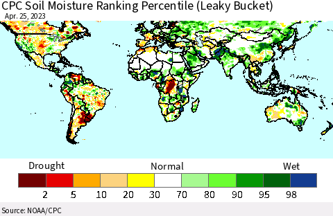 World CPC Soil Moisture Ranking Percentile (Leaky Bucket) Thematic Map For 4/21/2023 - 4/25/2023
