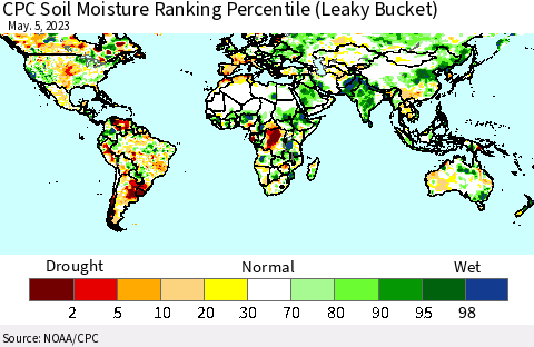 World CPC Soil Moisture Ranking Percentile (Leaky Bucket) Thematic Map For 5/1/2023 - 5/5/2023