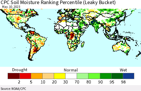 World CPC Soil Moisture Ranking Percentile (Leaky Bucket) Thematic Map For 5/6/2023 - 5/10/2023