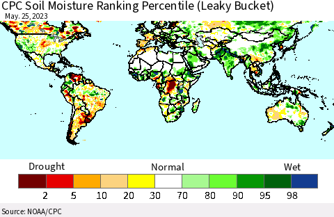 World CPC Soil Moisture Ranking Percentile (Leaky Bucket) Thematic Map For 5/21/2023 - 5/25/2023