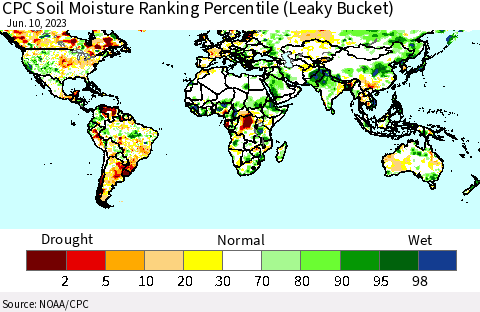 World CPC Soil Moisture Ranking Percentile (Leaky Bucket) Thematic Map For 6/6/2023 - 6/10/2023