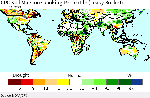 World CPC Soil Moisture Ranking Percentile (Leaky Bucket) Thematic Map For 6/11/2023 - 6/15/2023