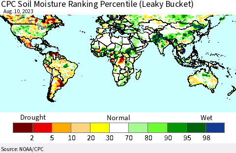 World CPC Soil Moisture Ranking Percentile (Leaky Bucket) Thematic Map For 8/6/2023 - 8/10/2023