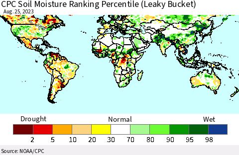 World CPC Soil Moisture Ranking Percentile (Leaky Bucket) Thematic Map For 8/21/2023 - 8/25/2023