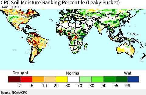 World CPC Soil Moisture Ranking Percentile (Leaky Bucket) Thematic Map For 11/6/2023 - 11/10/2023