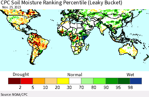 World CPC Soil Moisture Ranking Percentile (Leaky Bucket) Thematic Map For 11/21/2023 - 11/25/2023