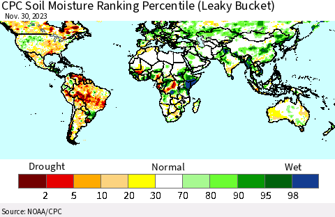 World CPC Soil Moisture Ranking Percentile (Leaky Bucket) Thematic Map For 11/26/2023 - 11/30/2023