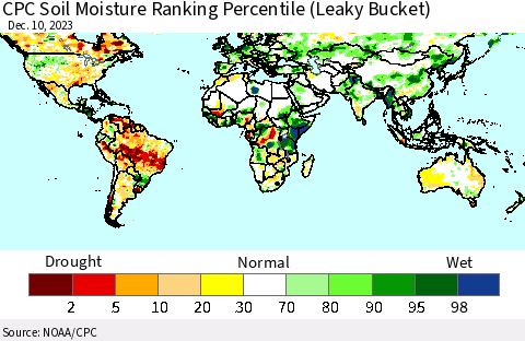 World CPC Soil Moisture Ranking Percentile (Leaky Bucket) Thematic Map For 12/6/2023 - 12/10/2023