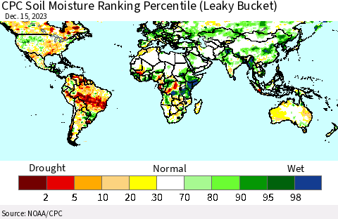 World CPC Soil Moisture Ranking Percentile (Leaky Bucket) Thematic Map For 12/11/2023 - 12/15/2023