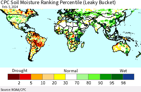 World CPC Soil Moisture Ranking Percentile (Leaky Bucket) Thematic Map For 2/1/2024 - 2/5/2024