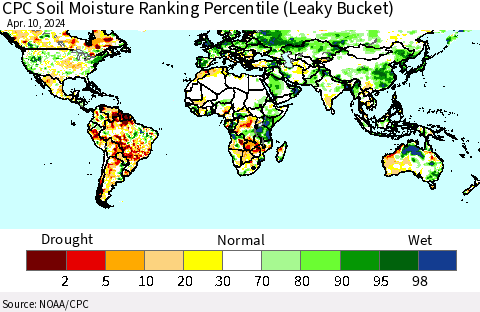 World CPC Soil Moisture Ranking Percentile (Leaky Bucket) Thematic Map For 4/6/2024 - 4/10/2024