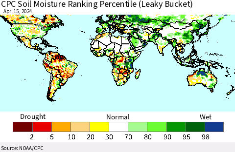 World CPC Soil Moisture Ranking Percentile (Leaky Bucket) Thematic Map For 4/11/2024 - 4/15/2024