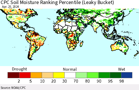 World CPC Soil Moisture Ranking Percentile (Leaky Bucket) Thematic Map For 4/21/2024 - 4/25/2024