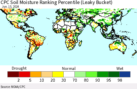 World CPC Soil Moisture Ranking Percentile (Leaky Bucket) Thematic Map For 6/11/2024 - 6/15/2024