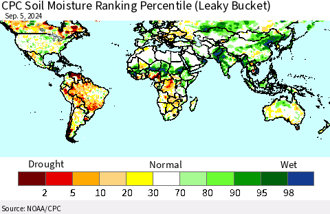 World CPC Soil Moisture Ranking Percentile (Leaky Bucket) Thematic Map For 9/1/2024 - 9/5/2024