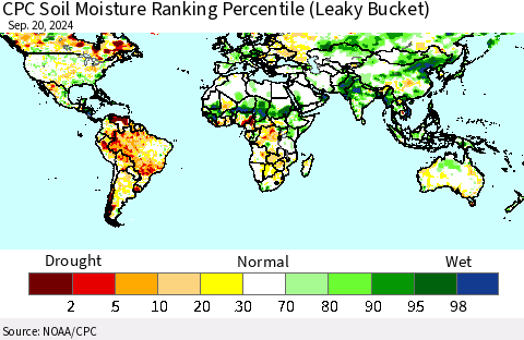 World CPC Soil Moisture Ranking Percentile (Leaky Bucket) Thematic Map For 9/16/2024 - 9/20/2024