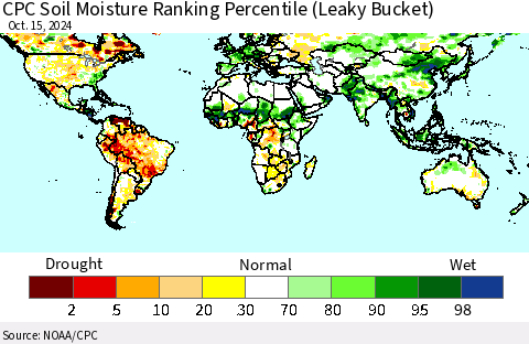 World CPC Soil Moisture Ranking Percentile (Leaky Bucket) Thematic Map For 10/11/2024 - 10/15/2024