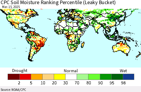 World CPC Soil Moisture Ranking Percentile (Leaky Bucket) Thematic Map For 3/11/2025 - 3/15/2025