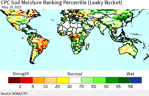 World CPC Soil Moisture Ranking Percentile (Leaky Bucket) Thematic Map For 5/6/2025 - 5/10/2025