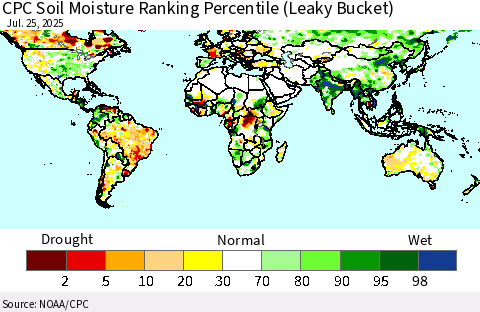 World CPC Soil Moisture Ranking Percentile (Leaky Bucket) Thematic Map For 7/21/2025 - 7/25/2025
