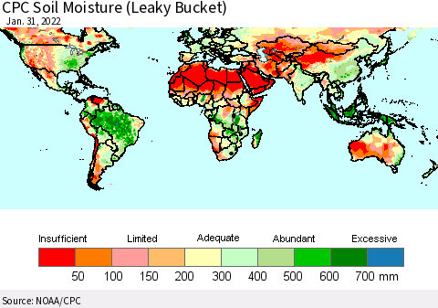 World CPC Soil Moisture (Leaky Bucket) Thematic Map For 1/26/2022 - 1/31/2022