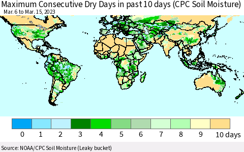 World Maximum Consecutive Dry Days in past 10 days (CPC Soil Moisture) Thematic Map For 3/11/2023 - 3/15/2023