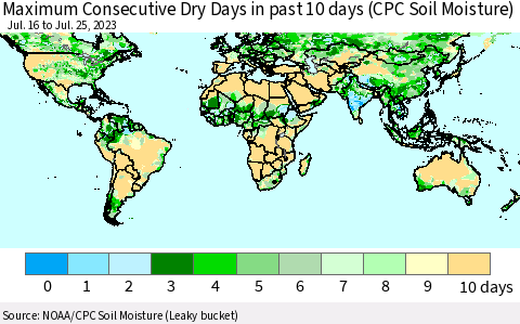 World Maximum Consecutive Dry Days in past 10 days (CPC Soil Moisture) Thematic Map For 7/21/2023 - 7/25/2023
