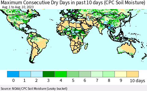 World Maximum Consecutive Dry Days in past 10 days (CPC Soil Moisture) Thematic Map For 8/6/2023 - 8/10/2023