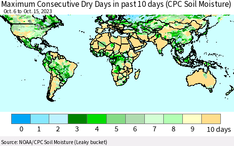 World Maximum Consecutive Dry Days in past 10 days (CPC Soil Moisture) Thematic Map For 10/11/2023 - 10/15/2023