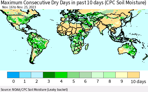 World Maximum Consecutive Dry Days in past 10 days (CPC Soil Moisture) Thematic Map For 11/21/2023 - 11/25/2023