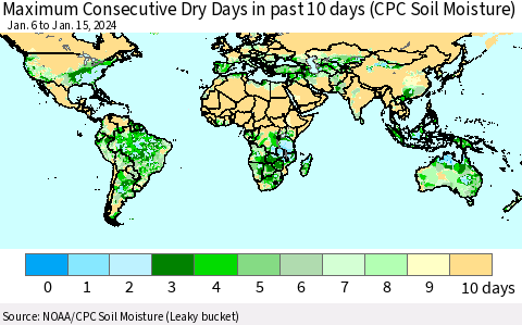 World Maximum Consecutive Dry Days in past 10 days (CPC Soil Moisture) Thematic Map For 1/11/2024 - 1/15/2024