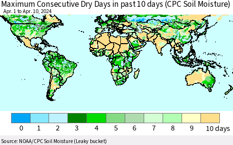 World Maximum Consecutive Dry Days in past 10 days (CPC Soil Moisture) Thematic Map For 4/6/2024 - 4/10/2024