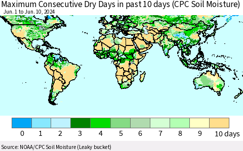 World Maximum Consecutive Dry Days in past 10 days (CPC Soil Moisture) Thematic Map For 6/6/2024 - 6/10/2024