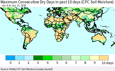 World Maximum Consecutive Dry Days in past 10 days (CPC Soil Moisture) Thematic Map For 6/11/2024 - 6/15/2024