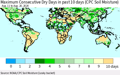 World Maximum Consecutive Dry Days in past 10 days (CPC Soil Moisture) Thematic Map For 8/16/2024 - 8/20/2024