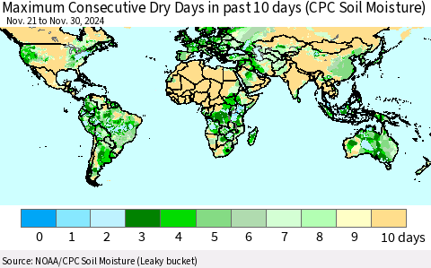 World Maximum Consecutive Dry Days in past 10 days (CPC Soil Moisture) Thematic Map For 11/26/2024 - 11/30/2024