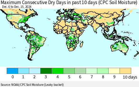 World Maximum Consecutive Dry Days in past 10 days (CPC Soil Moisture) Thematic Map For 12/11/2024 - 12/15/2024