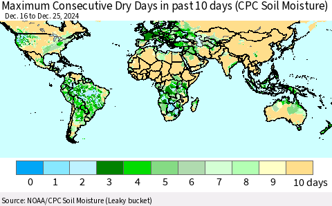 World Maximum Consecutive Dry Days in past 10 days (CPC Soil Moisture) Thematic Map For 12/21/2024 - 12/25/2024