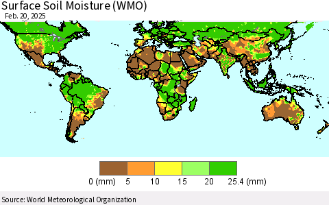 World Surface Soil Moisture (WMO) Thematic Map For 2/16/2025 - 2/20/2025
