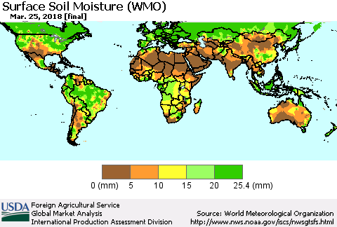 World Surface Soil Moisture (WMO) Thematic Map For 3/19/2018 - 3/25/2018