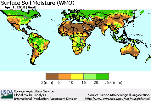 World Surface Soil Moisture (WMO) Thematic Map For 3/26/2018 - 4/1/2018