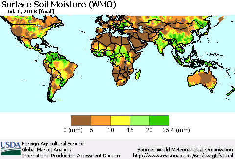 World Surface Soil Moisture (WMO) Thematic Map For 6/25/2018 - 7/1/2018