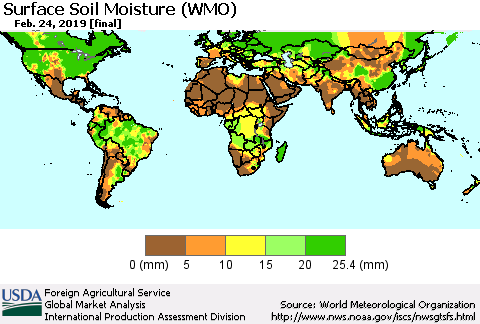 World Surface Soil Moisture (WMO) Thematic Map For 2/18/2019 - 2/24/2019