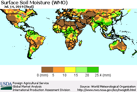 World Surface Soil Moisture (WMO) Thematic Map For 7/8/2019 - 7/14/2019