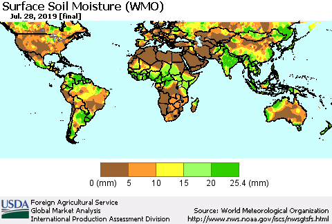 World Surface Soil Moisture (WMO) Thematic Map For 7/22/2019 - 7/28/2019