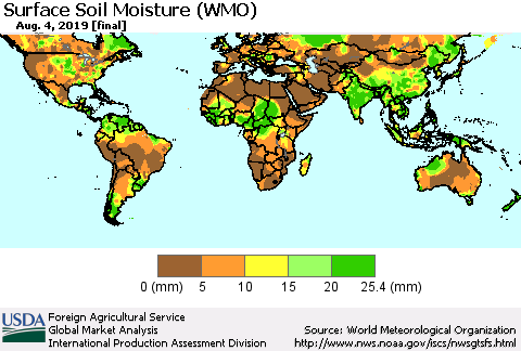 World Surface Soil Moisture (WMO) Thematic Map For 7/29/2019 - 8/4/2019