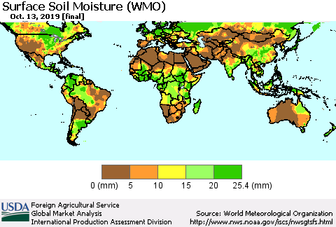 World Surface Soil Moisture (WMO) Thematic Map For 10/7/2019 - 10/13/2019