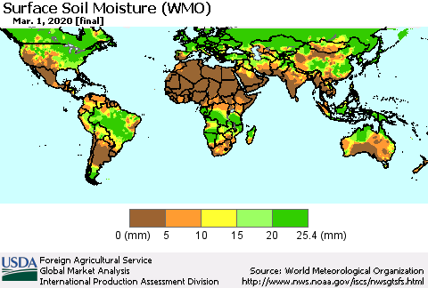 World Surface Soil Moisture (WMO) Thematic Map For 2/24/2020 - 3/1/2020