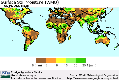World Surface Soil Moisture (WMO) Thematic Map For 7/13/2020 - 7/19/2020