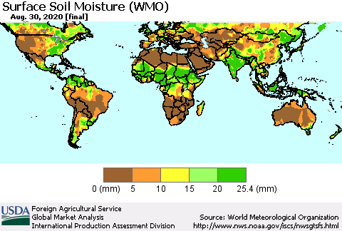 World Surface Soil Moisture (WMO) Thematic Map For 8/24/2020 - 8/30/2020